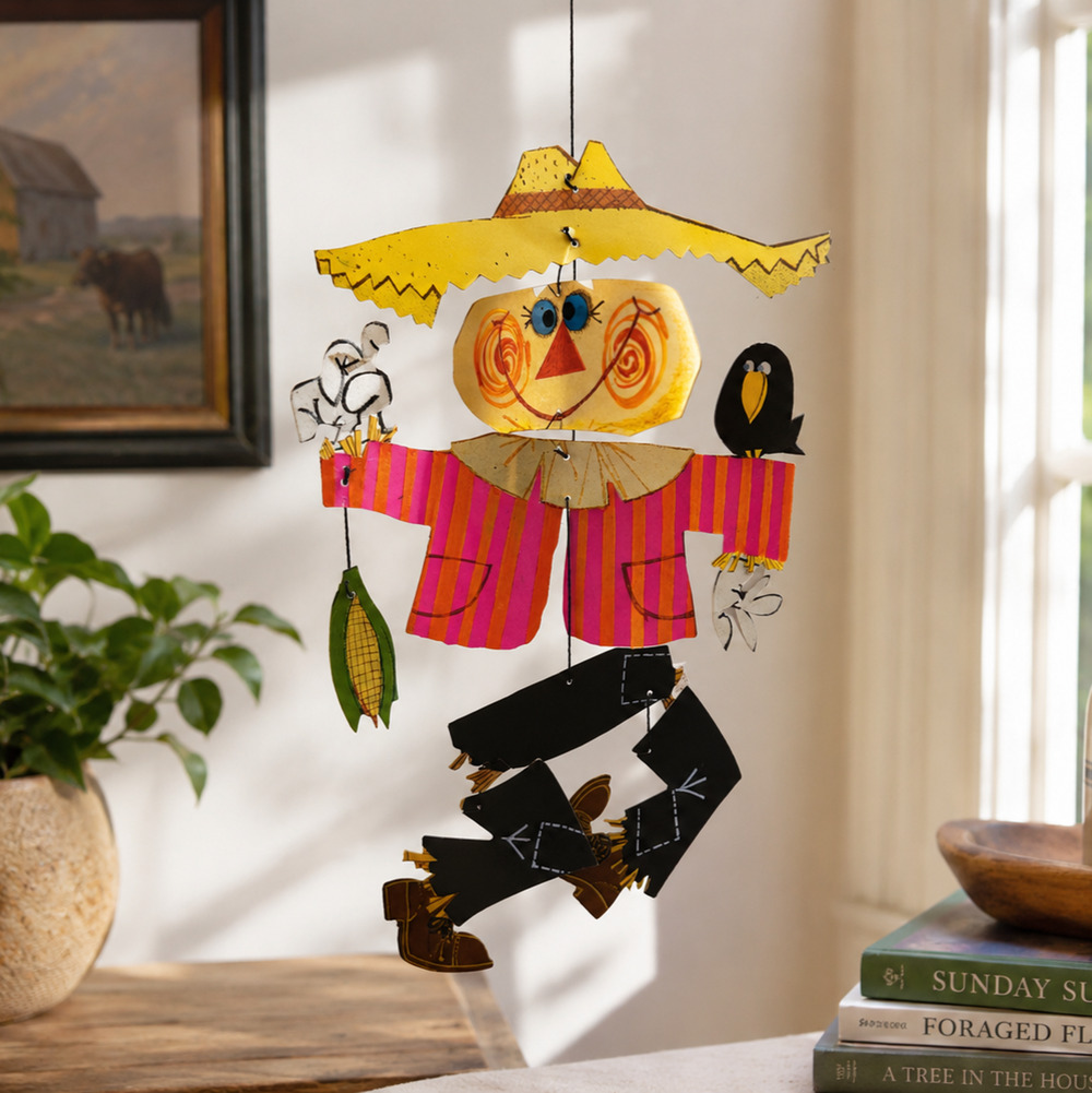 Vintage Scarecrow Paper Die Cut Decor Mobile Autumn Harvest 12" Thanksgiving